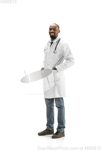 Image of African-american doctor isolated on white background, professional occupation