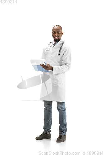 Image of African-american doctor isolated on white background, professional occupation