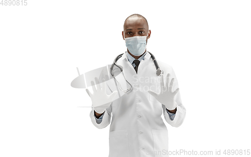 Image of African-american doctor isolated on white background, professional occupation