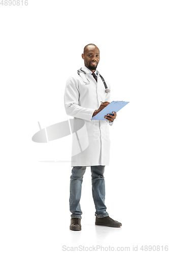 Image of African-american doctor isolated on white background, professional occupation