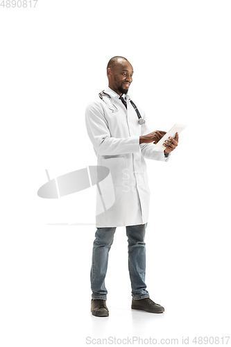 Image of African-american doctor isolated on white background, professional occupation