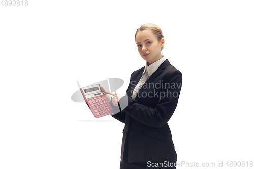 Image of Young woman, accountant, booker in office suit isolated on white studio background