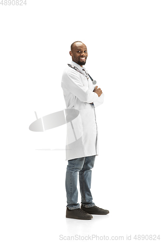 Image of African-american doctor isolated on white background, professional occupation