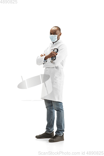 Image of African-american doctor isolated on white background, professional occupation