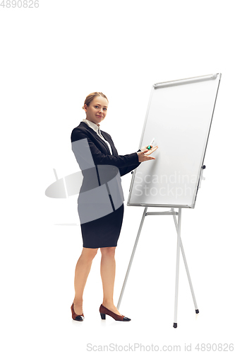 Image of Young woman, accountant, booker in office suit isolated on white studio background