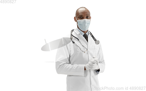 Image of African-american doctor isolated on white background, professional occupation