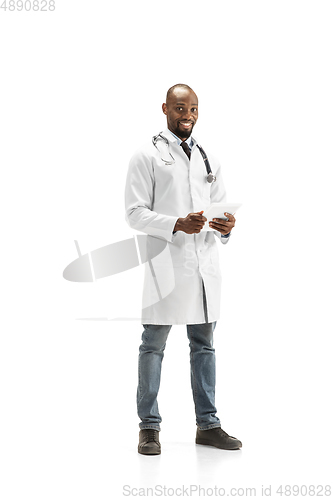 Image of African-american doctor isolated on white background, professional occupation