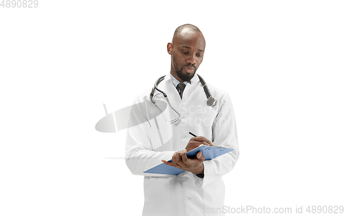 Image of African-american doctor isolated on white background, professional occupation