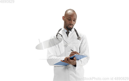 Image of African-american doctor isolated on white background, professional occupation