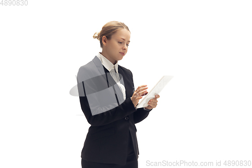 Image of Young woman, accountant, booker in office suit isolated on white studio background