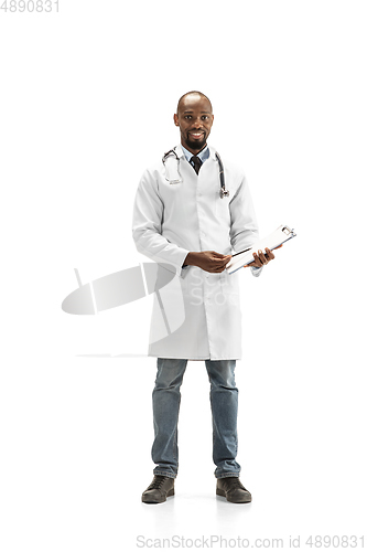 Image of African-american doctor isolated on white background, professional occupation