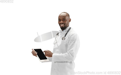 Image of African-american doctor isolated on white background, professional occupation