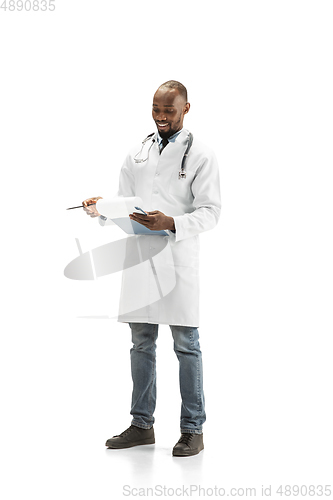 Image of African-american doctor isolated on white background, professional occupation