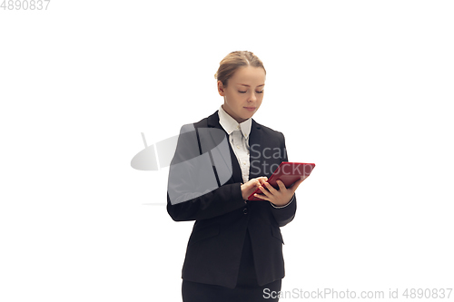 Image of Young woman, accountant, booker in office suit isolated on white studio background