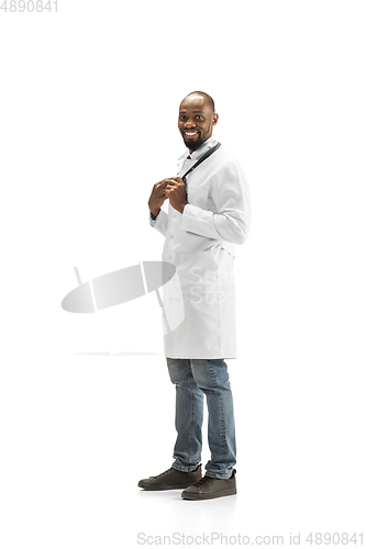 Image of African-american doctor isolated on white background, professional occupation