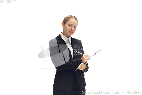 Image of Young woman, accountant, booker in office suit isolated on white studio background