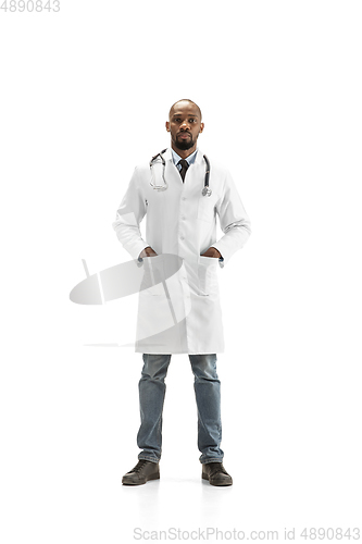 Image of African-american doctor isolated on white background, professional occupation