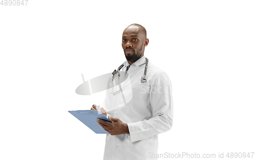 Image of African-american doctor isolated on white background, professional occupation