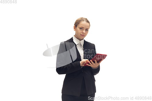 Image of Young woman, accountant, booker in office suit isolated on white studio background