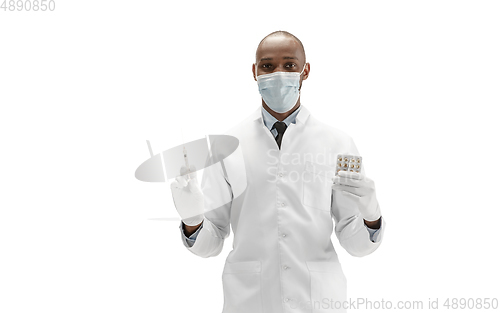 Image of African-american doctor isolated on white background, professional occupation