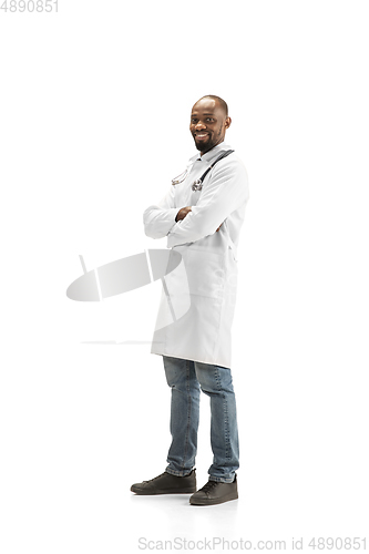 Image of African-american doctor isolated on white background, professional occupation