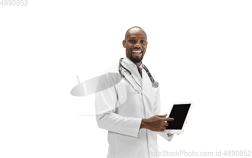 Image of African-american doctor isolated on white background, professional occupation