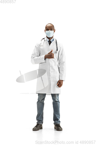 Image of African-american doctor isolated on white background, professional occupation