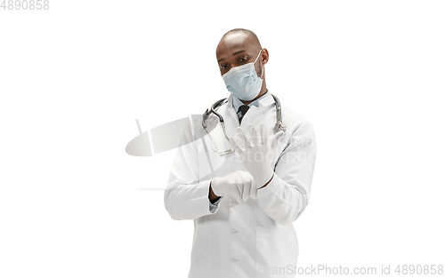 Image of African-american doctor isolated on white background, professional occupation