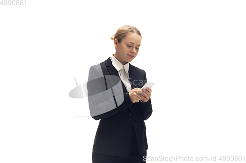 Image of Young woman, accountant, booker in office suit isolated on white studio background