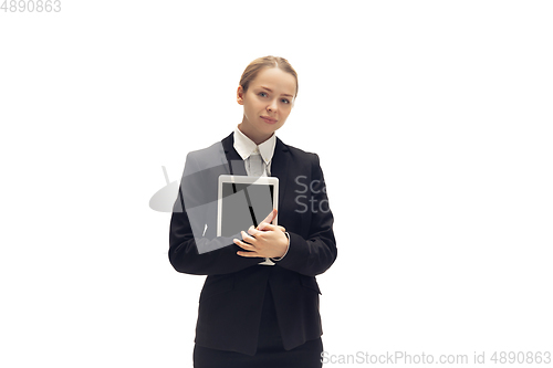 Image of Young woman, accountant, booker in office suit isolated on white studio background