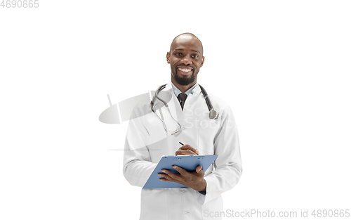 Image of African-american doctor isolated on white background, professional occupation