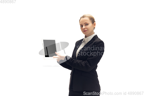 Image of Young woman, accountant, booker in office suit isolated on white studio background