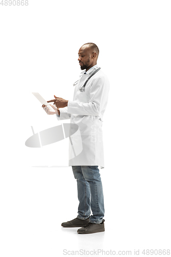 Image of African-american doctor isolated on white background, professional occupation