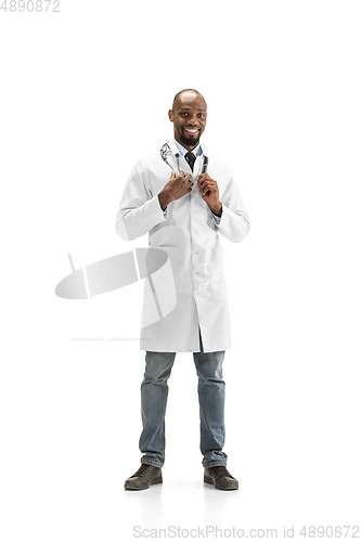 Image of African-american doctor isolated on white background, professional occupation