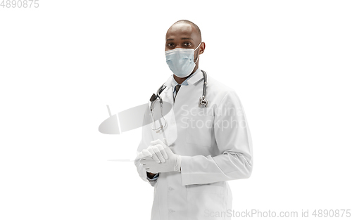 Image of African-american doctor isolated on white background, professional occupation