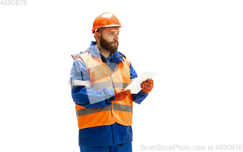 Image of Handsome contractor, builder isolated over white studio background