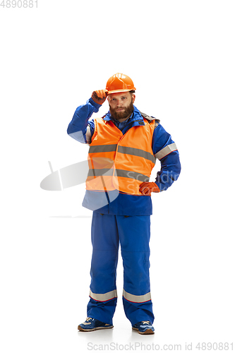 Image of Handsome contractor, builder isolated over white studio background