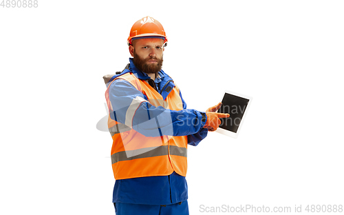 Image of Handsome contractor, builder isolated over white studio background