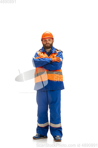 Image of Handsome contractor, builder isolated over white studio background