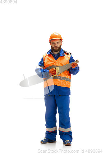 Image of Handsome contractor, builder isolated over white studio background