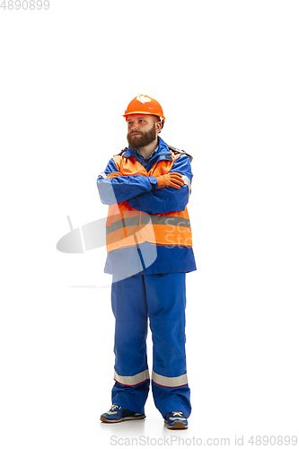 Image of Handsome contractor, builder isolated over white studio background