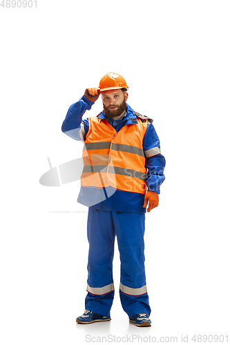 Image of Handsome contractor, builder isolated over white studio background