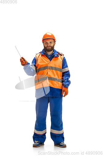 Image of Handsome contractor, builder isolated over white studio background