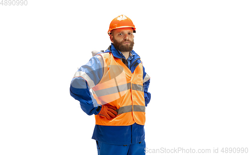 Image of Handsome contractor, builder isolated over white studio background