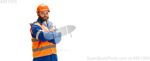 Image of Handsome contractor, builder isolated over white studio background