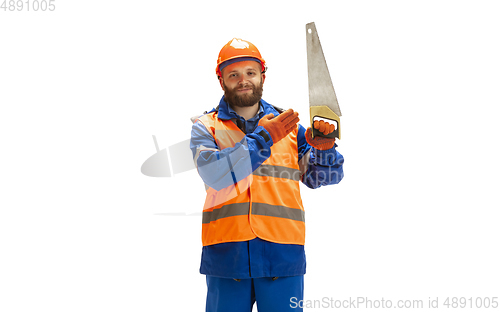 Image of Handsome contractor, builder isolated over white studio background