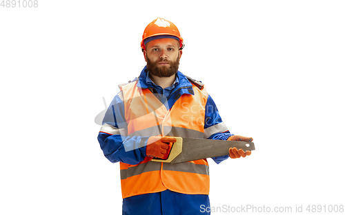 Image of Handsome contractor, builder isolated over white studio background