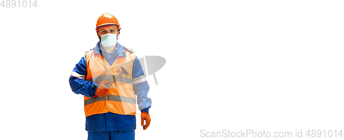 Image of Handsome contractor, builder isolated over white studio background