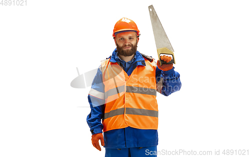 Image of Handsome contractor, builder isolated over white studio background