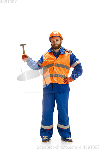 Image of Handsome contractor, builder isolated over white studio background